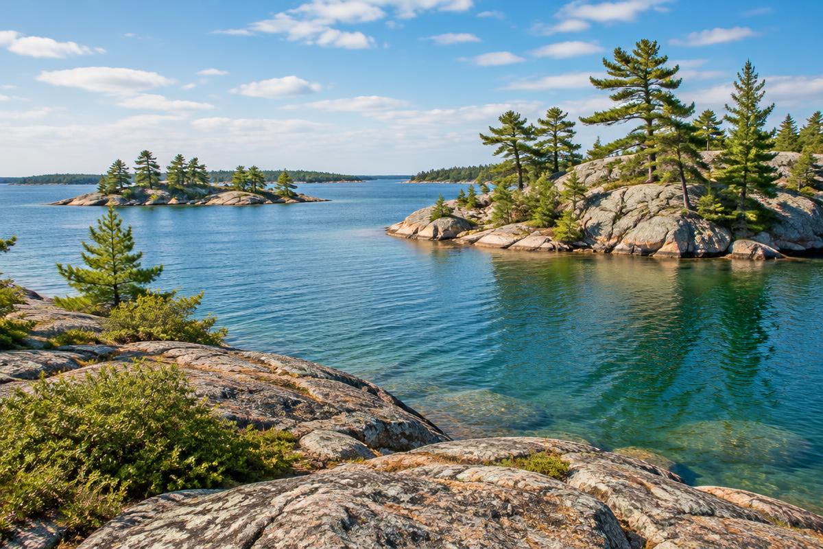 Pine-covered rocky islands and clear water in an Ontario-style lake landscape